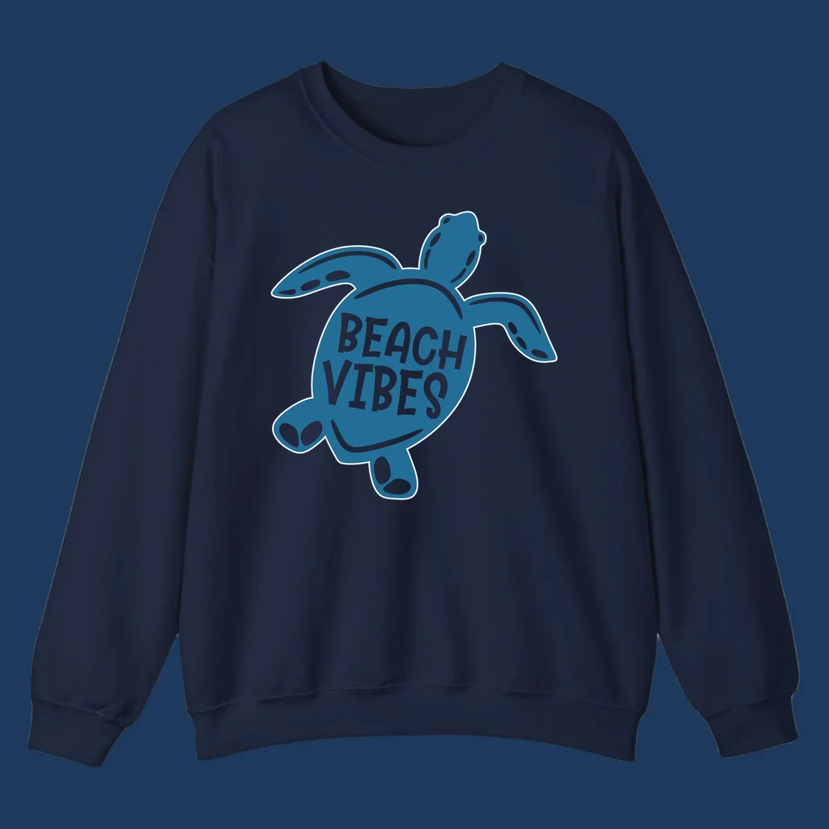 Teal sea turtle illustration with spotted shell pattern and 'Beach Vibes' text centered on the shell