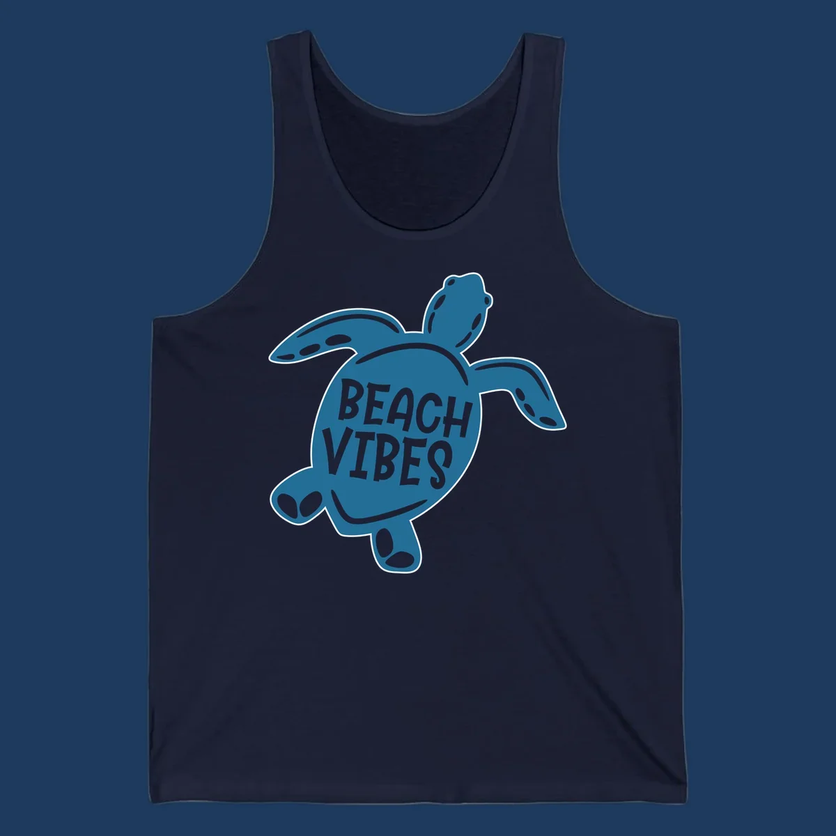 Teal sea turtle illustration with spotted shell pattern and 'Beach Vibes' text centered on the shell