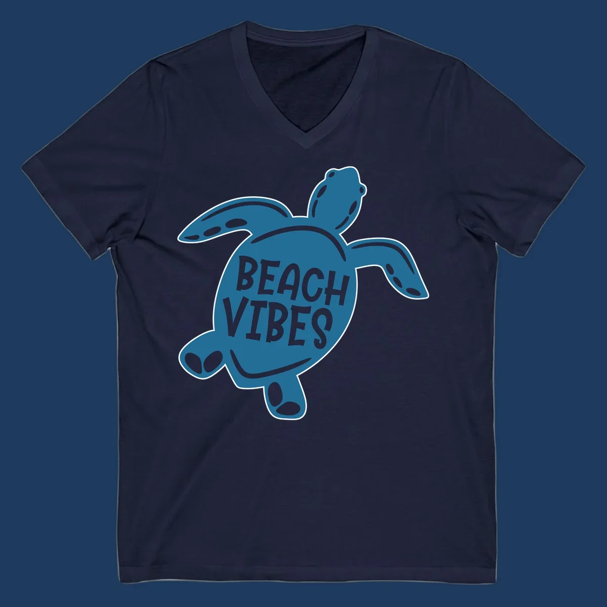 Teal sea turtle illustration with spotted shell pattern and 'Beach Vibes' text centered on the shell