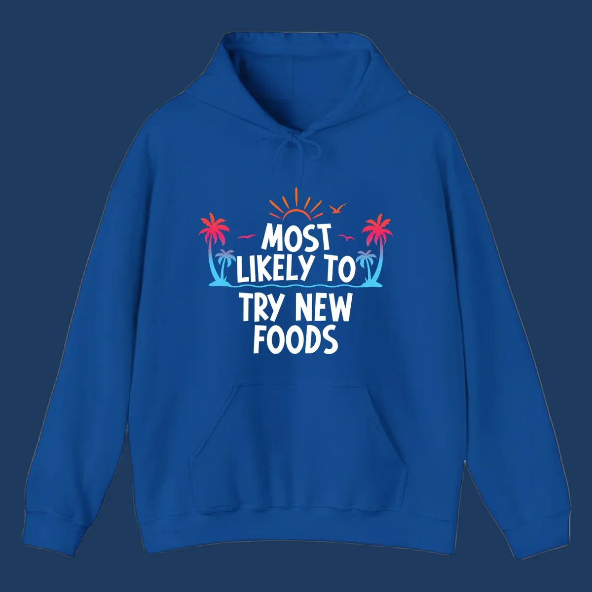 Tropical beach scene with sun and palm trees framing text that reads 'Most Likely To Try New Foods' in bold white letters