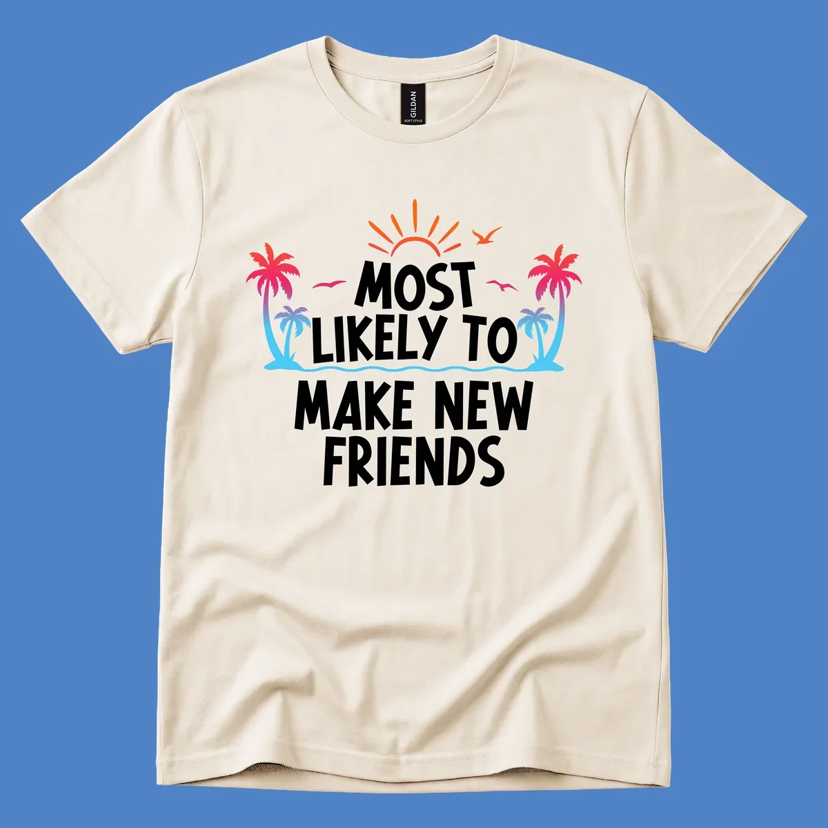 Tropical design with sun, palm trees, and ocean waves behind text reading 'Most Likely To Make New Friends' for cruise vacations