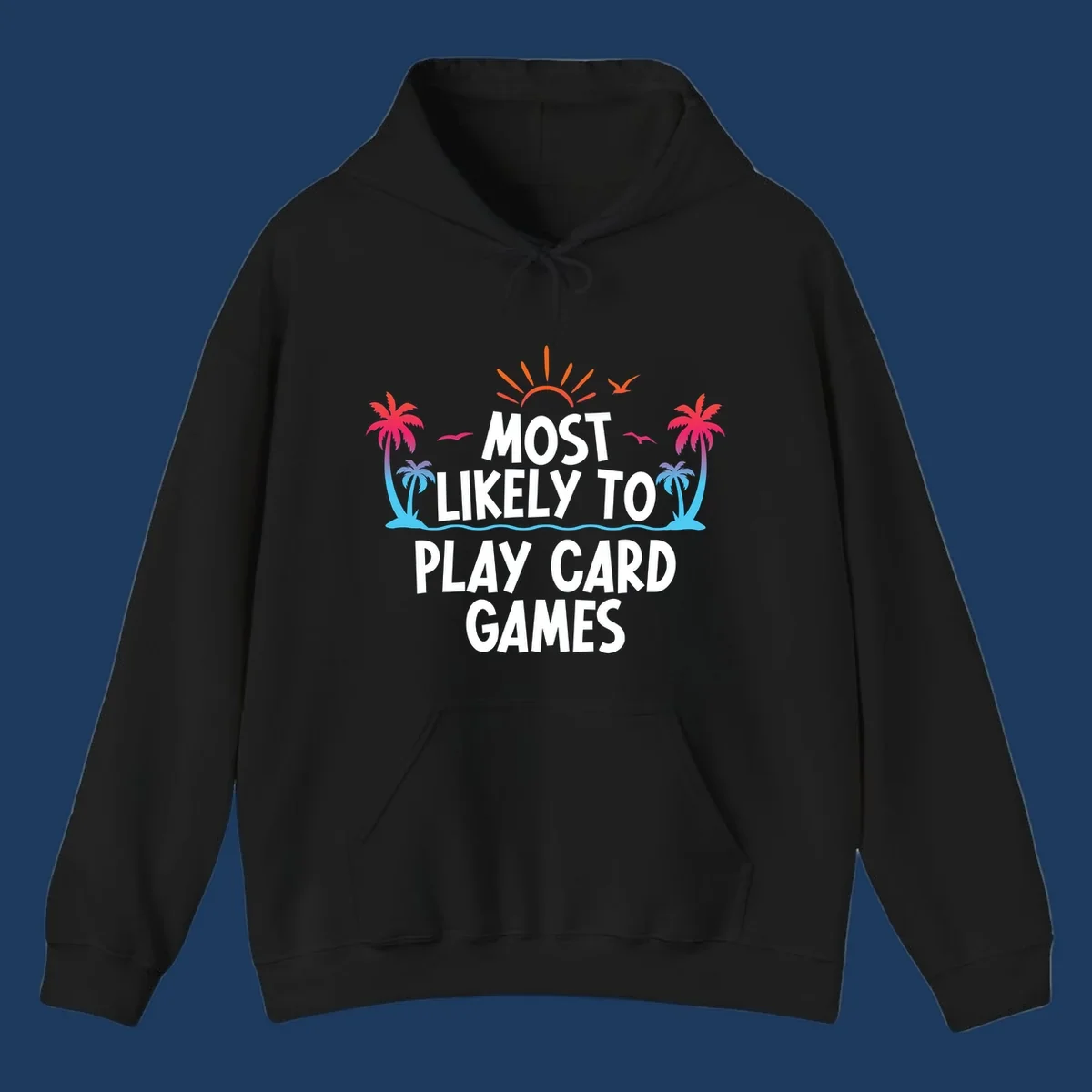 Most likely to play card games design with tropical palm trees, sun rays, ocean waves, and colorful gradient elements on gray background