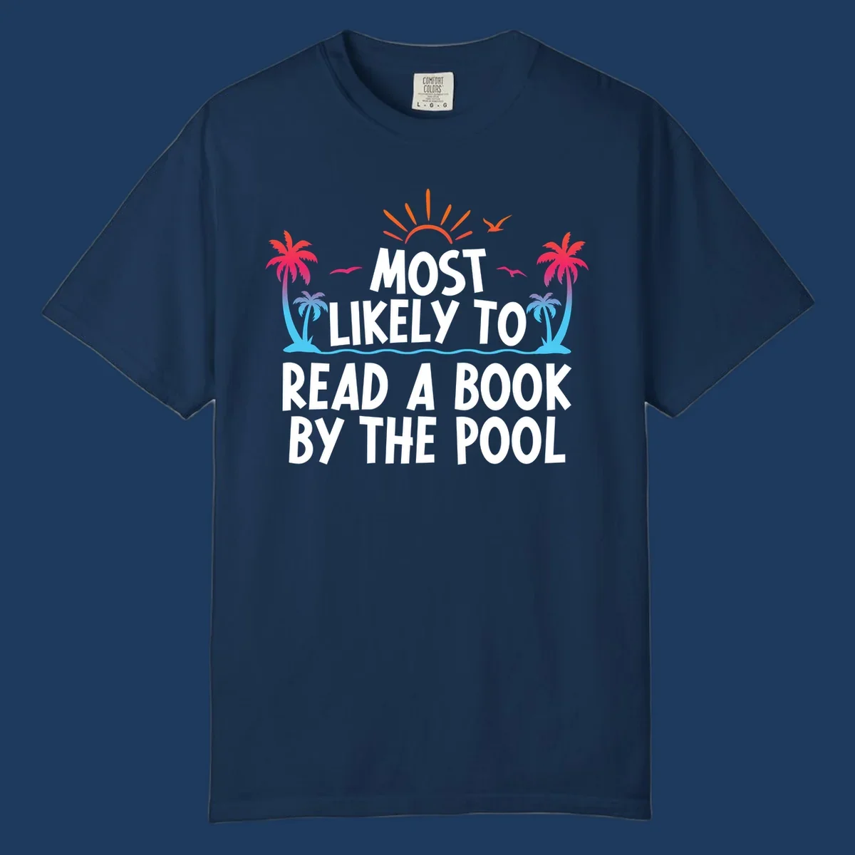 Tropical beach scene with palm trees, sun rays, and water waves surrounding text reading 'Most Likely To Read A Book By The Pool'