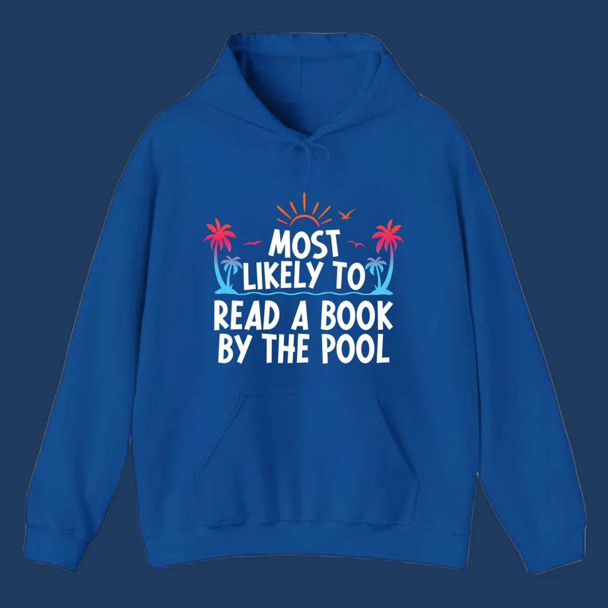 Tropical beach scene with palm trees, sun rays, and water waves surrounding text reading 'Most Likely To Read A Book By The Pool'