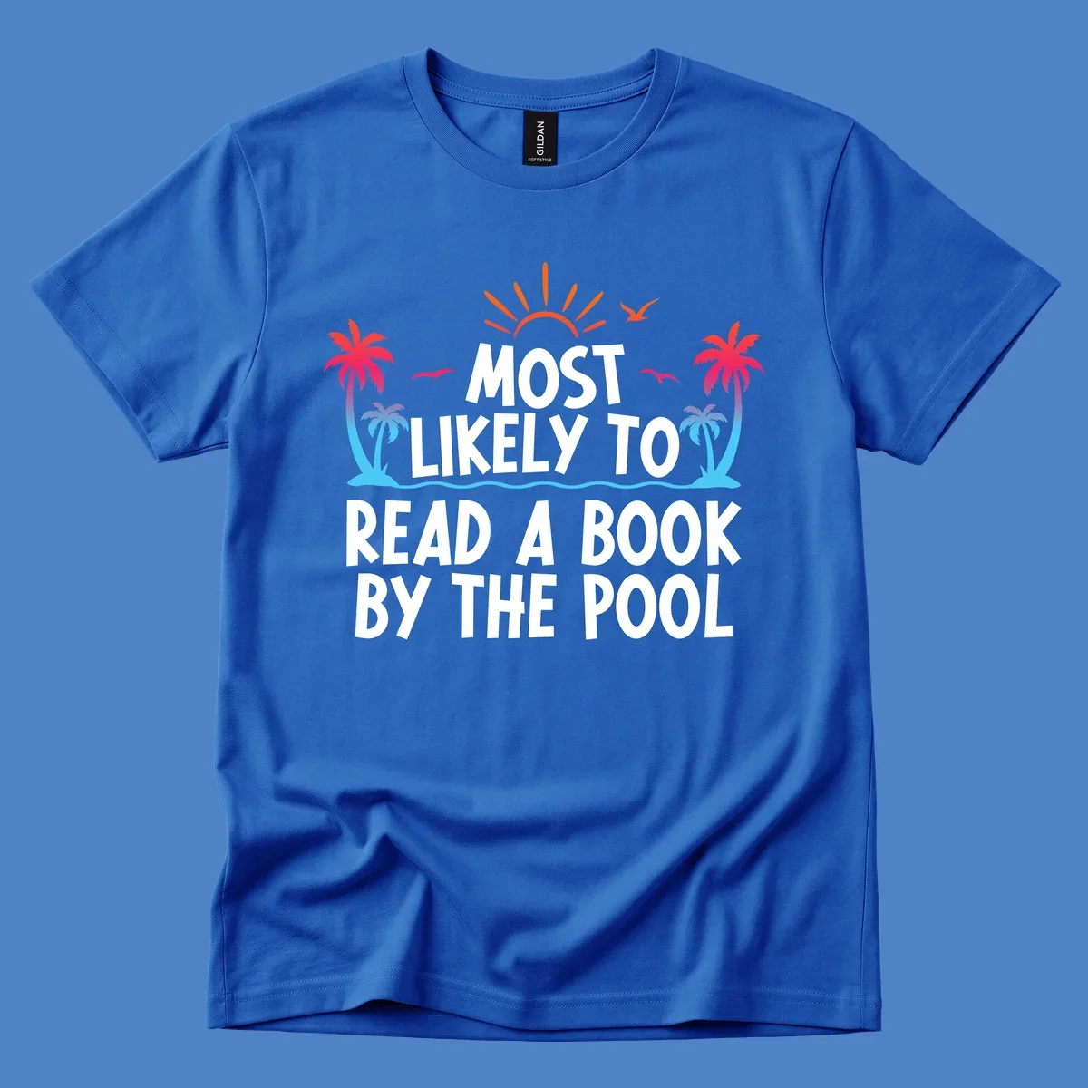 Tropical beach scene with palm trees, sun rays, and water waves surrounding text reading 'Most Likely To Read A Book By The Pool'