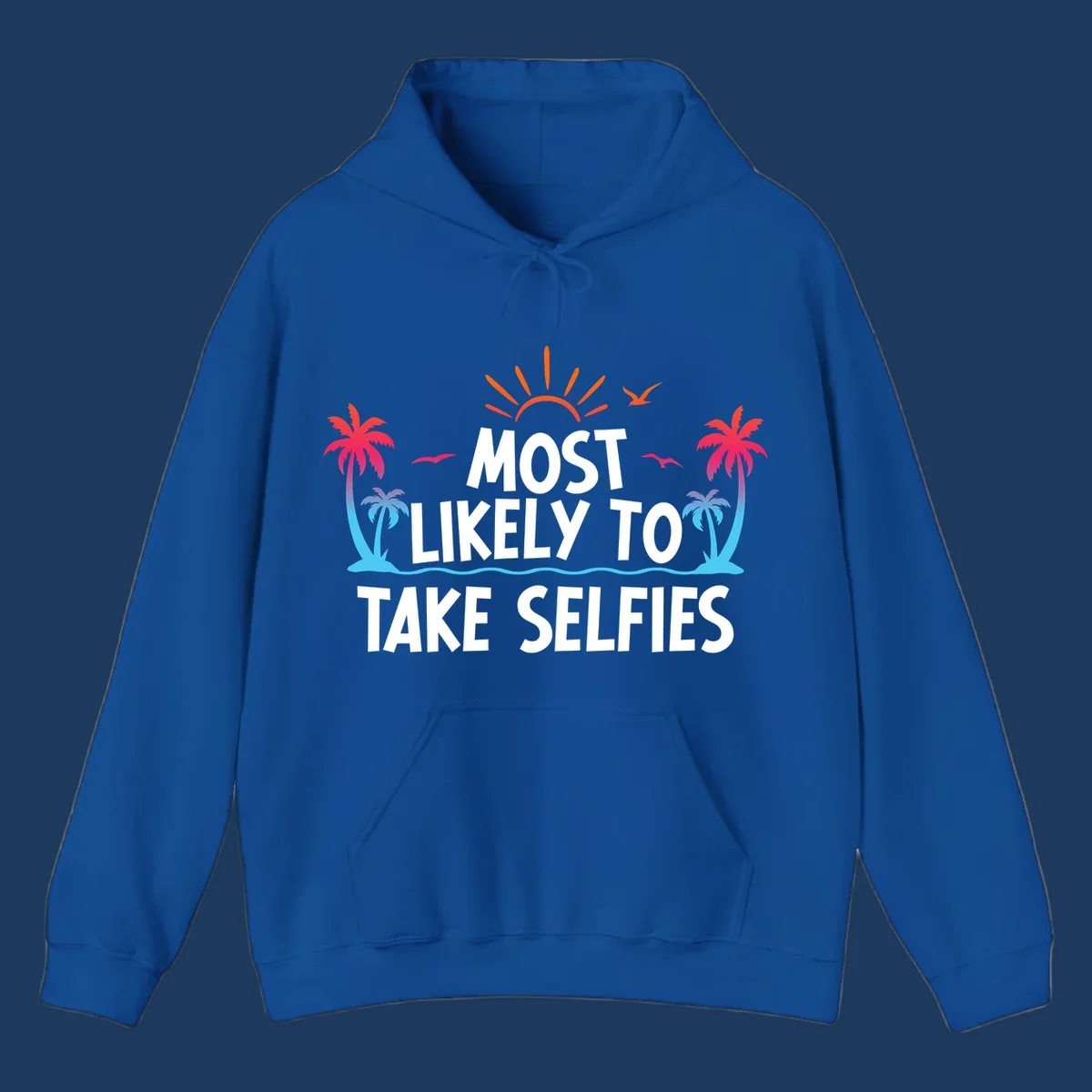 Tropical beach scene with palm trees, sun, and waves featuring text 'Most Likely To Take Selfies' for cruise vacation shirt design