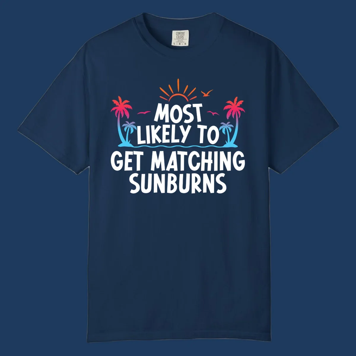 Tropical beach scene with bright sun, palm trees, and waves illustrating a matching sunburns cruise design concept