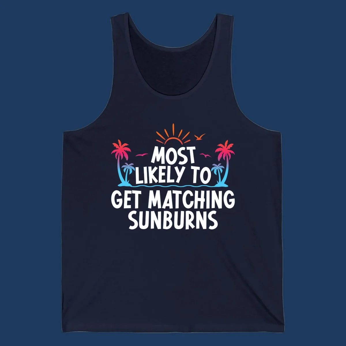 Tropical beach scene with bright sun, palm trees, and waves illustrating a matching sunburns cruise design concept