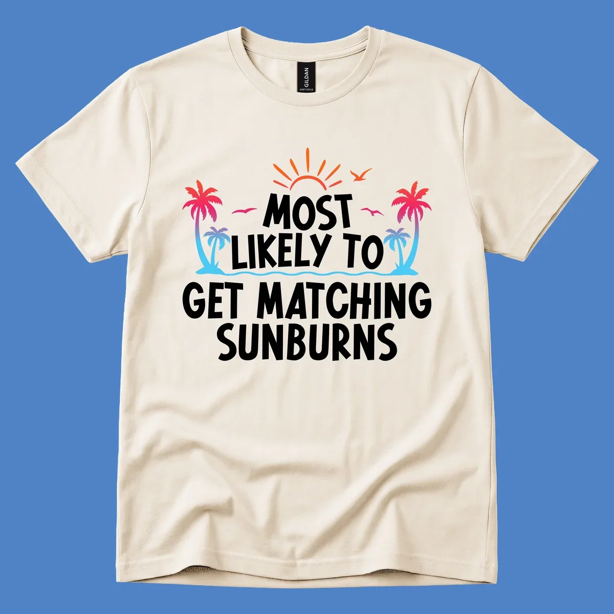 Tropical beach scene with bright sun, palm trees, and waves illustrating a matching sunburns cruise design concept
