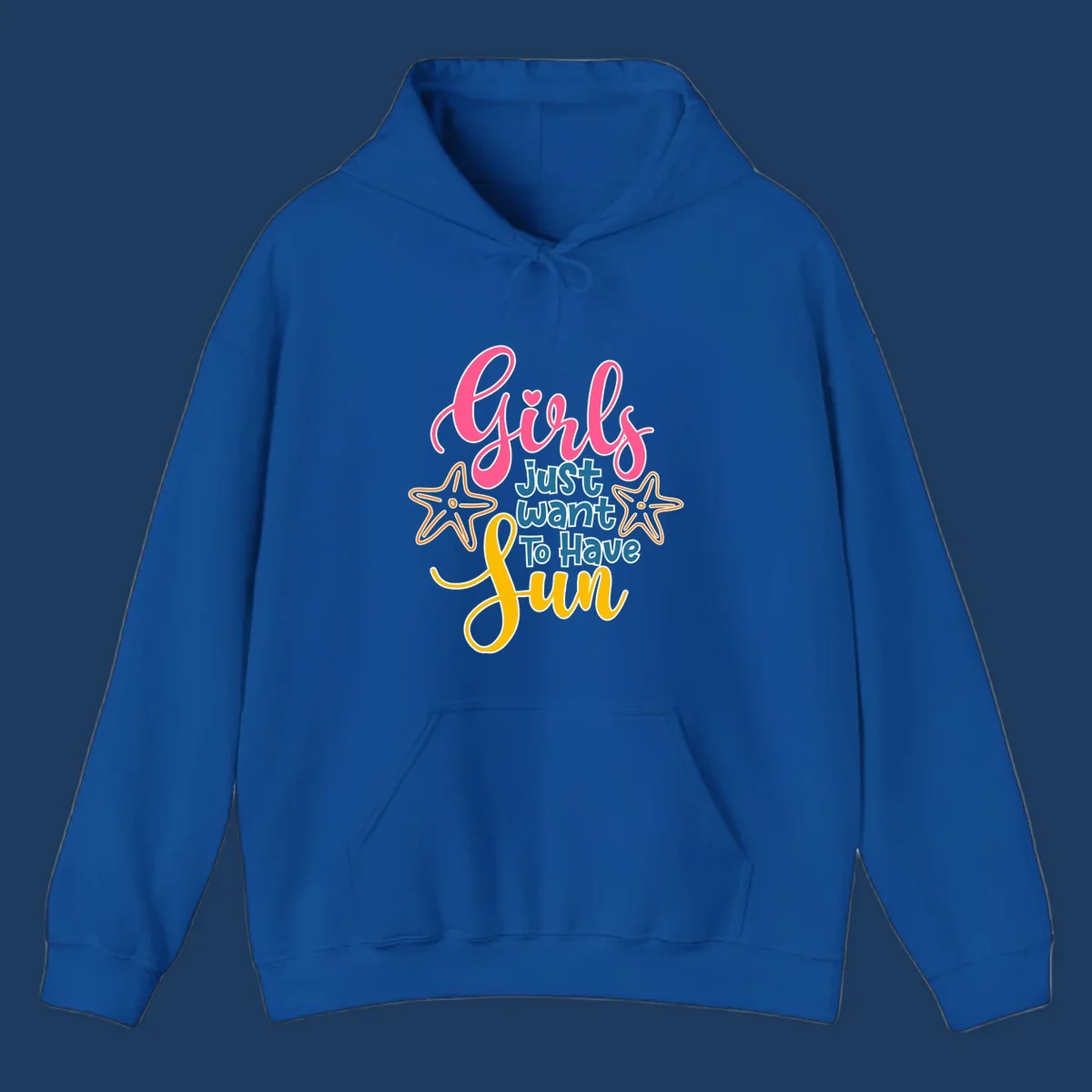 Colorful girls just want to have fun cruise design with pink script, blue text, starfish graphics, and heart symbol on gray background