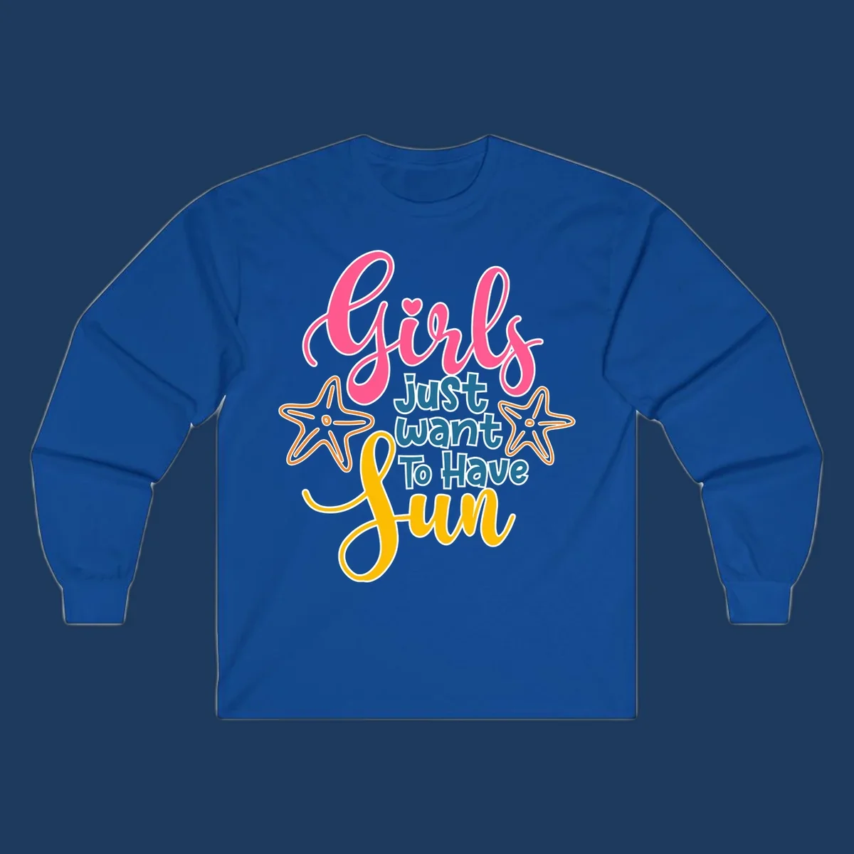 Colorful girls just want to have fun cruise design with pink script, blue text, starfish graphics, and heart symbol on gray background
