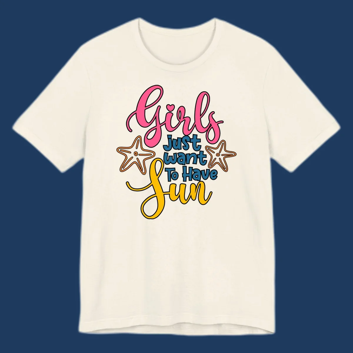 Colorful girls just want to have fun cruise design with pink script, blue text, starfish graphics, and heart symbol on gray background