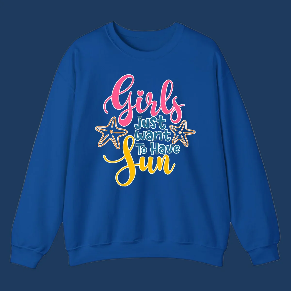 Colorful girls just want to have fun cruise design with pink script, blue text, starfish graphics, and heart symbol on gray background