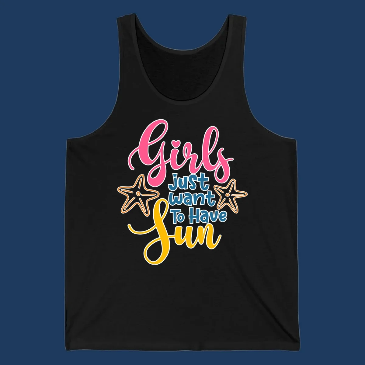 Colorful girls just want to have fun cruise design with pink script, blue text, starfish graphics, and heart symbol on gray background