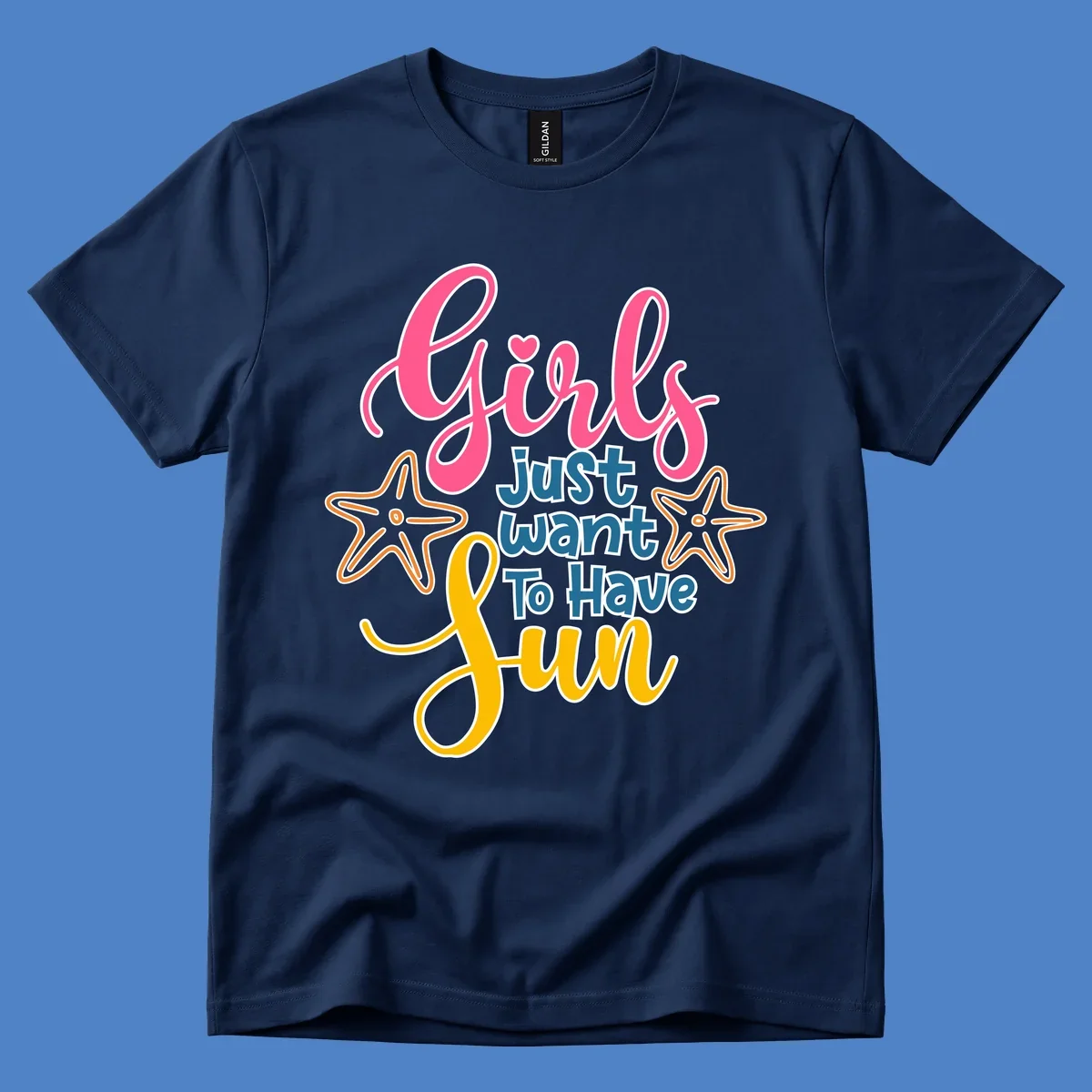 Colorful girls just want to have fun cruise design with pink script, blue text, starfish graphics, and heart symbol on gray background