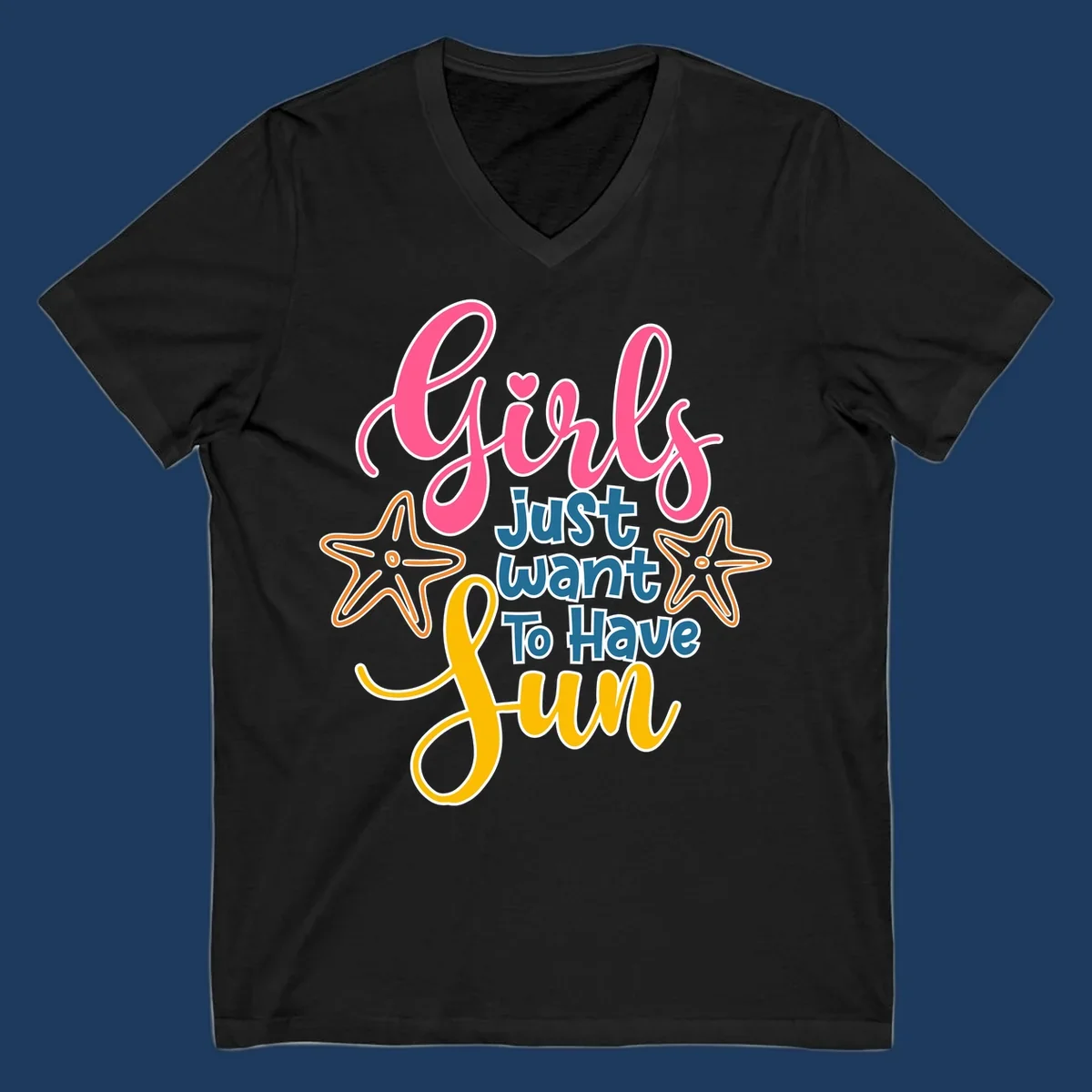 Colorful girls just want to have fun cruise design with pink script, blue text, starfish graphics, and heart symbol on gray background