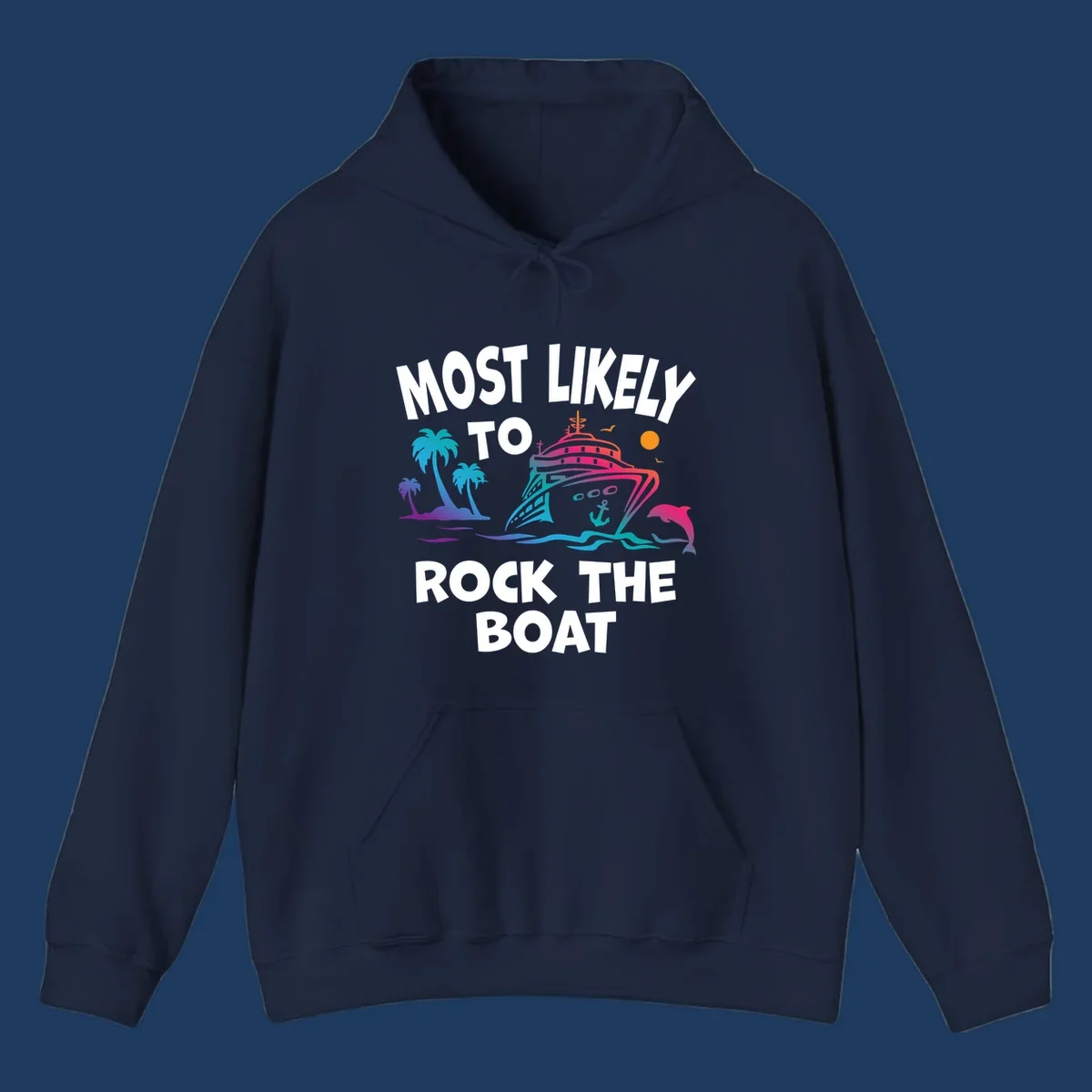 Colorful cruise ship with palm trees and ocean waves illustration with text 'Most Likely to Rock the Boat'