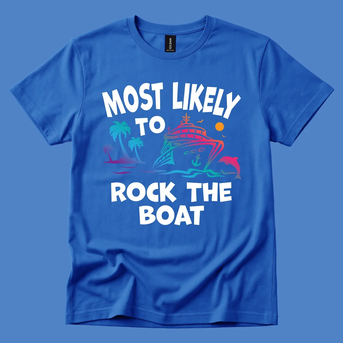 Colorful cruise ship with palm trees and ocean waves illustration with text 'Most Likely to Rock the Boat'