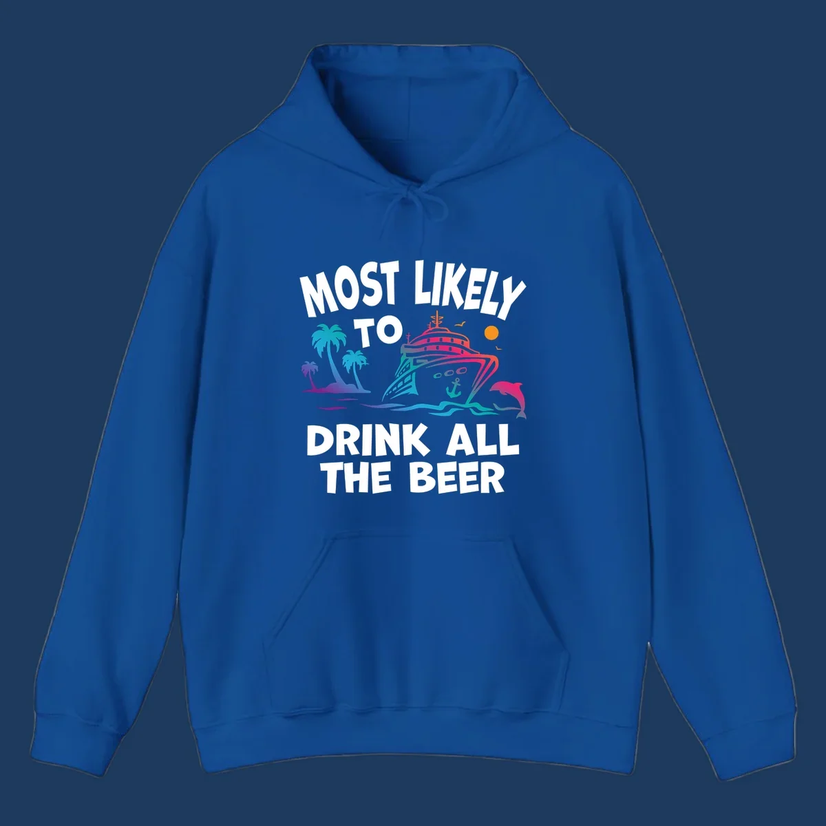 Colorful cruise ship with tropical palms and ocean waves design featuring text 'Most Likely To Drink All The Beer'