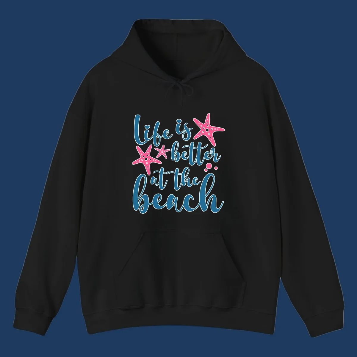 Life is better at the beach design with teal cursive text, pink starfish with white dots, and bubbles on gray background
