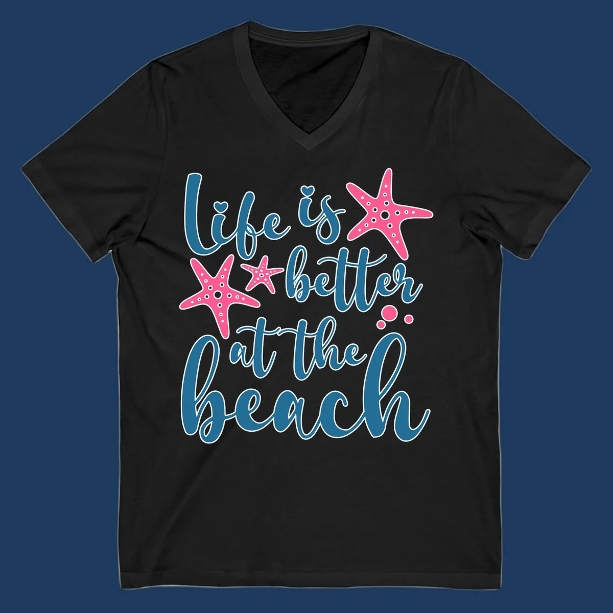Life is better at the beach design with teal cursive text, pink starfish with white dots, and bubbles on gray background