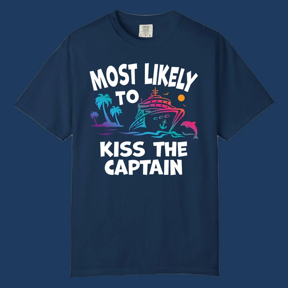 Kiss the captain cruise design with colorful ship, palm trees, dolphin, and ocean waves on gray background