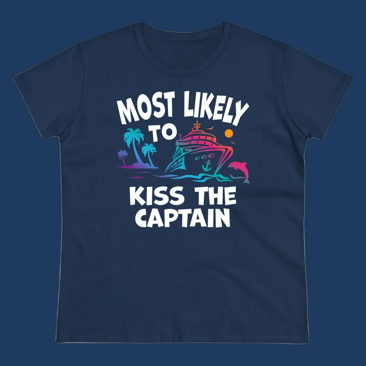 Kiss the captain cruise design with colorful ship, palm trees, dolphin, and ocean waves on gray background