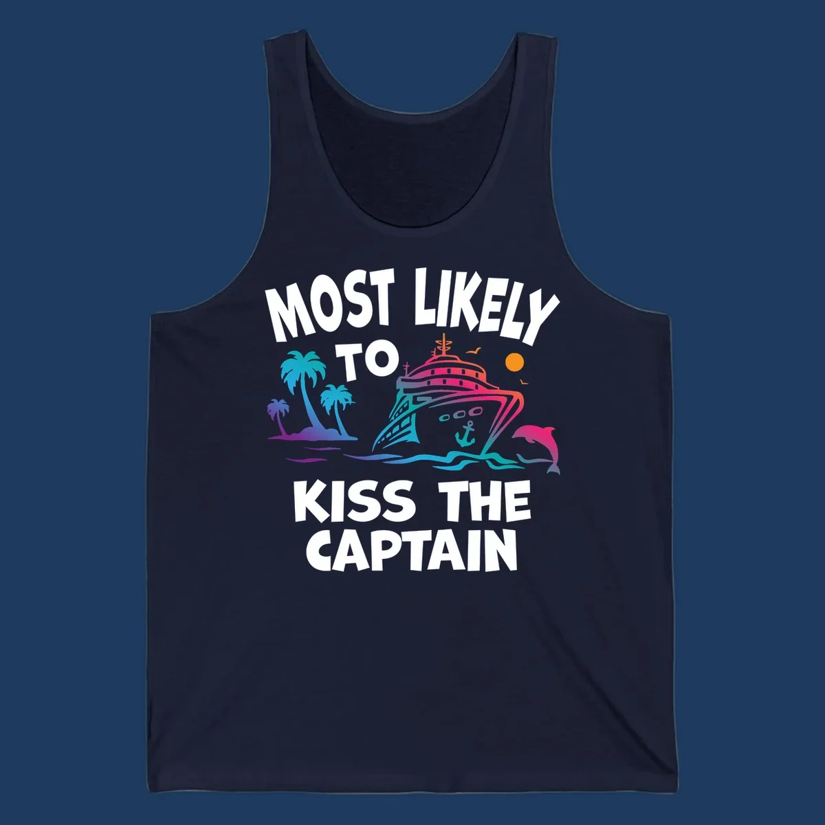 Kiss the captain cruise design with colorful ship, palm trees, dolphin, and ocean waves on gray background