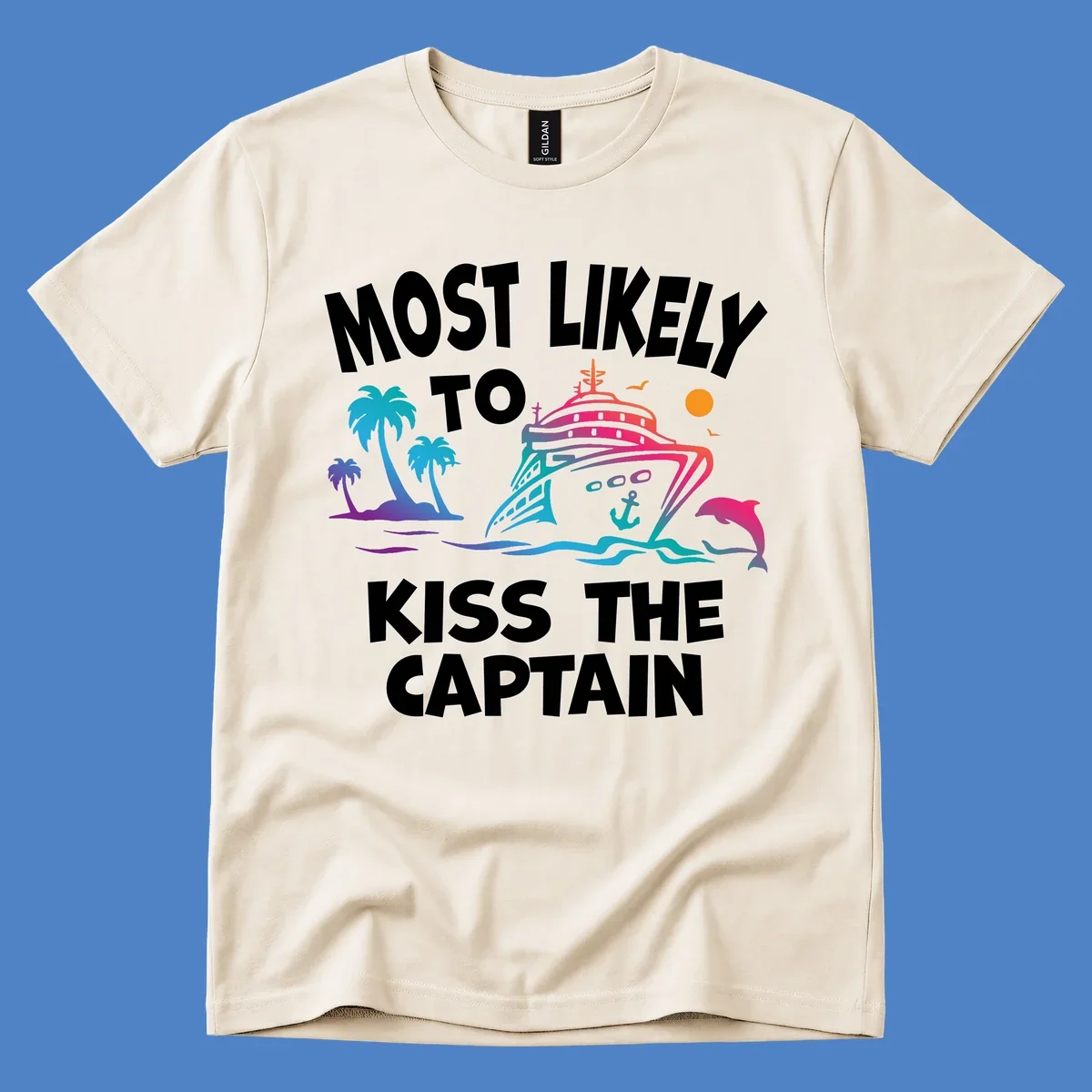 Kiss the captain cruise design with colorful ship, palm trees, dolphin, and ocean waves on gray background