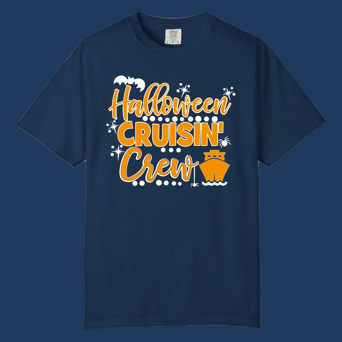 Orange and white Halloween Cruisin' Crew text with bat, cruise ship, and sparkle graphics on gray background