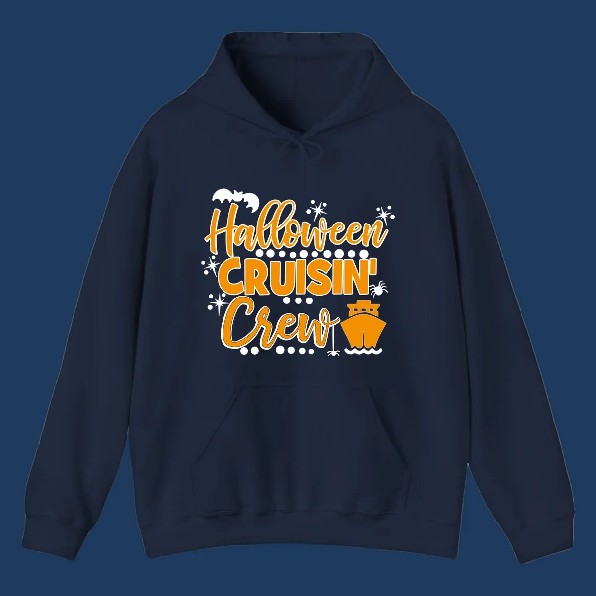 Orange and white Halloween Cruisin' Crew text with bat, cruise ship, and sparkle graphics on gray background