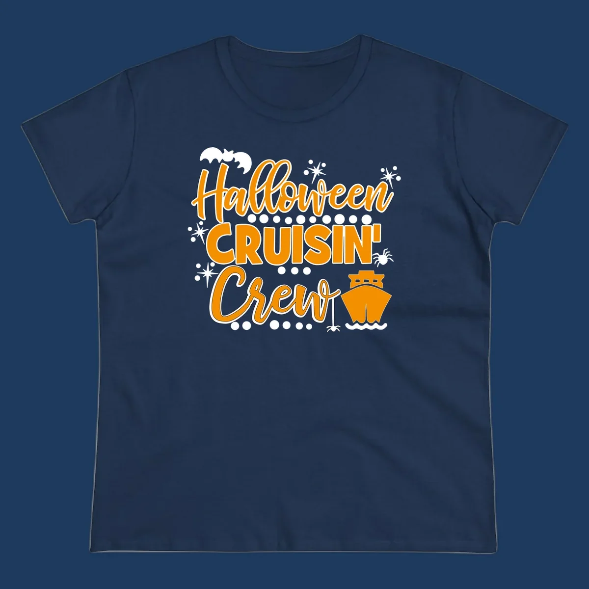 Orange and white Halloween Cruisin' Crew text with bat, cruise ship, and sparkle graphics on gray background
