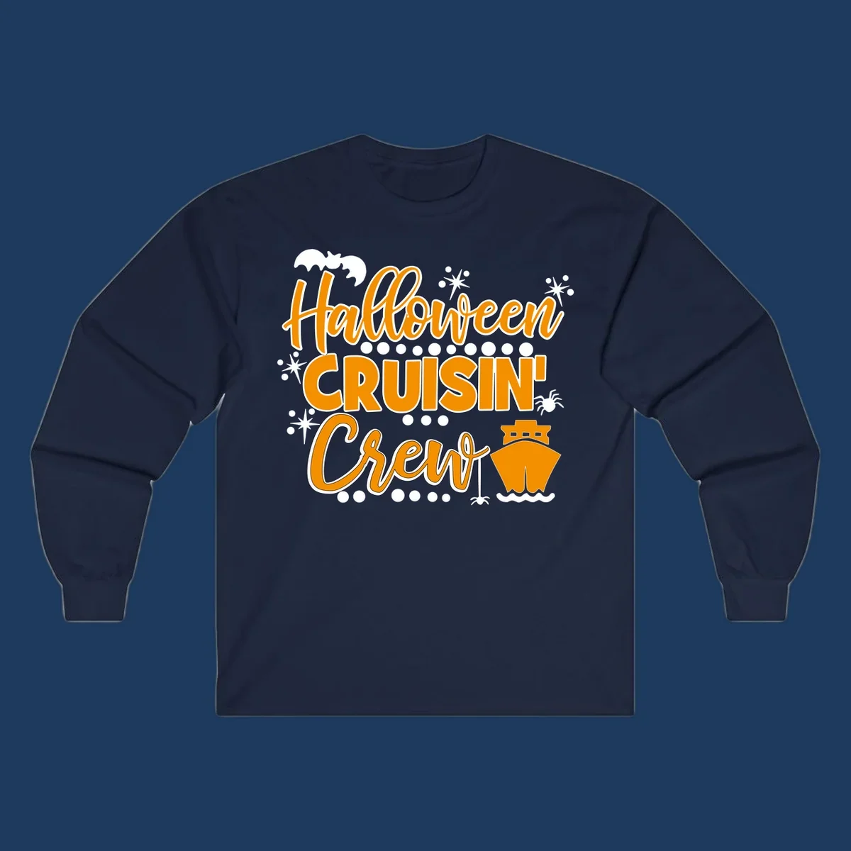 Orange and white Halloween Cruisin' Crew text with bat, cruise ship, and sparkle graphics on gray background