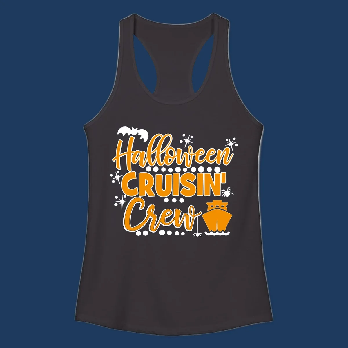 Orange and white Halloween Cruisin' Crew text with bat, cruise ship, and sparkle graphics on gray background