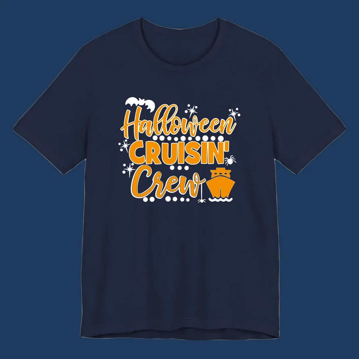 Orange and white Halloween Cruisin' Crew text with bat, cruise ship, and sparkle graphics on gray background