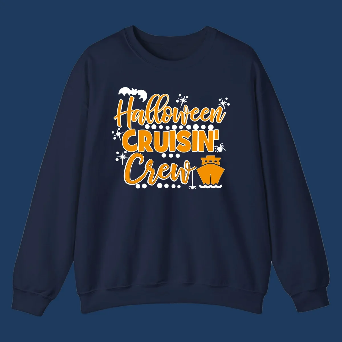 Orange and white Halloween Cruisin' Crew text with bat, cruise ship, and sparkle graphics on gray background