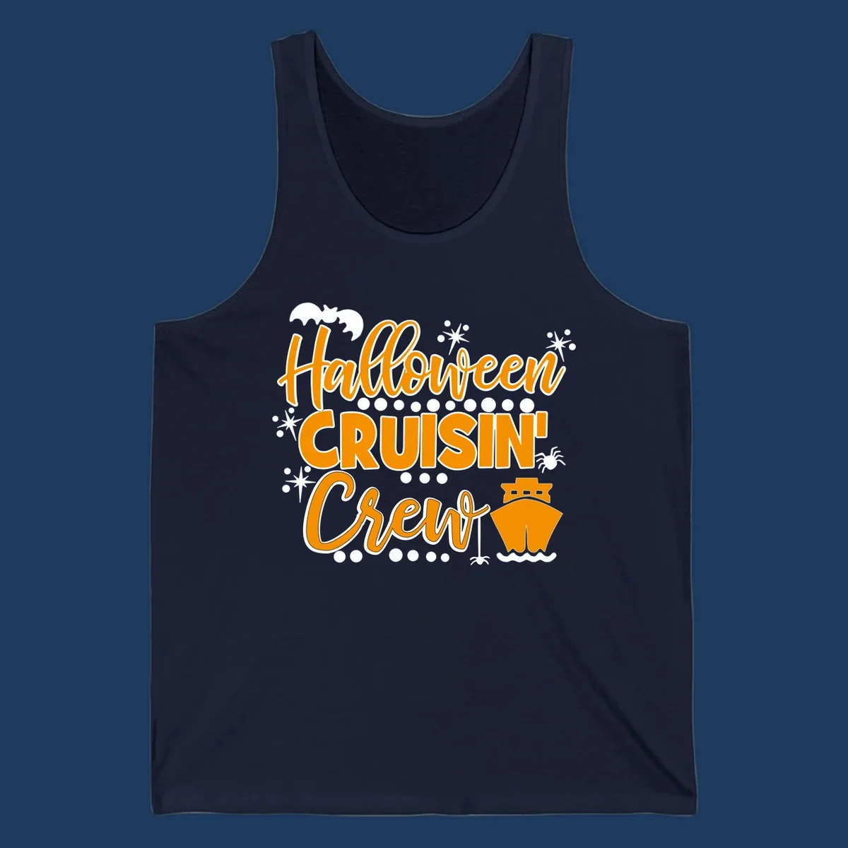 Orange and white Halloween Cruisin' Crew text with bat, cruise ship, and sparkle graphics on gray background