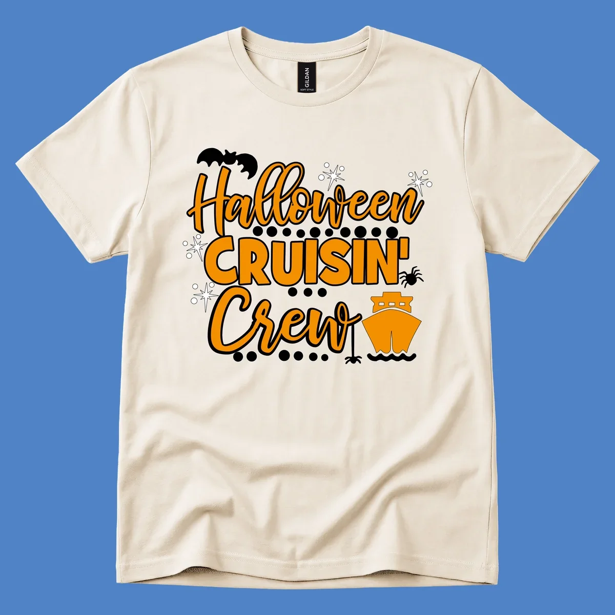 Orange and white Halloween Cruisin' Crew text with bat, cruise ship, and sparkle graphics on gray background
