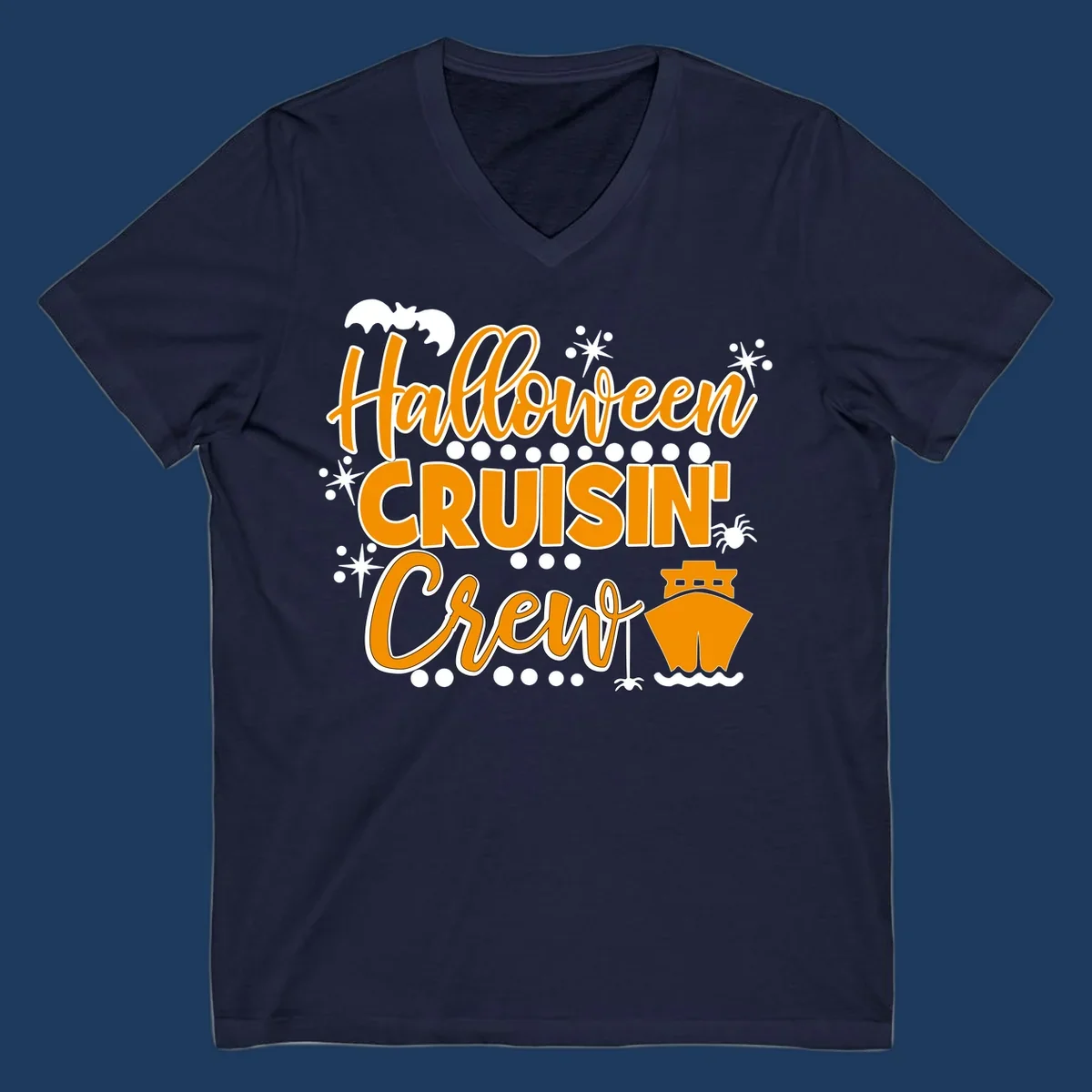 Orange and white Halloween Cruisin' Crew text with bat, cruise ship, and sparkle graphics on gray background