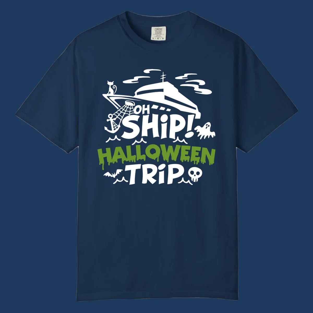 Oh Ship Halloween Trip design featuring a luxury yacht surrounded by Halloween icons including ghost, bat, skull, anchor with web, and ocean waves on gray background