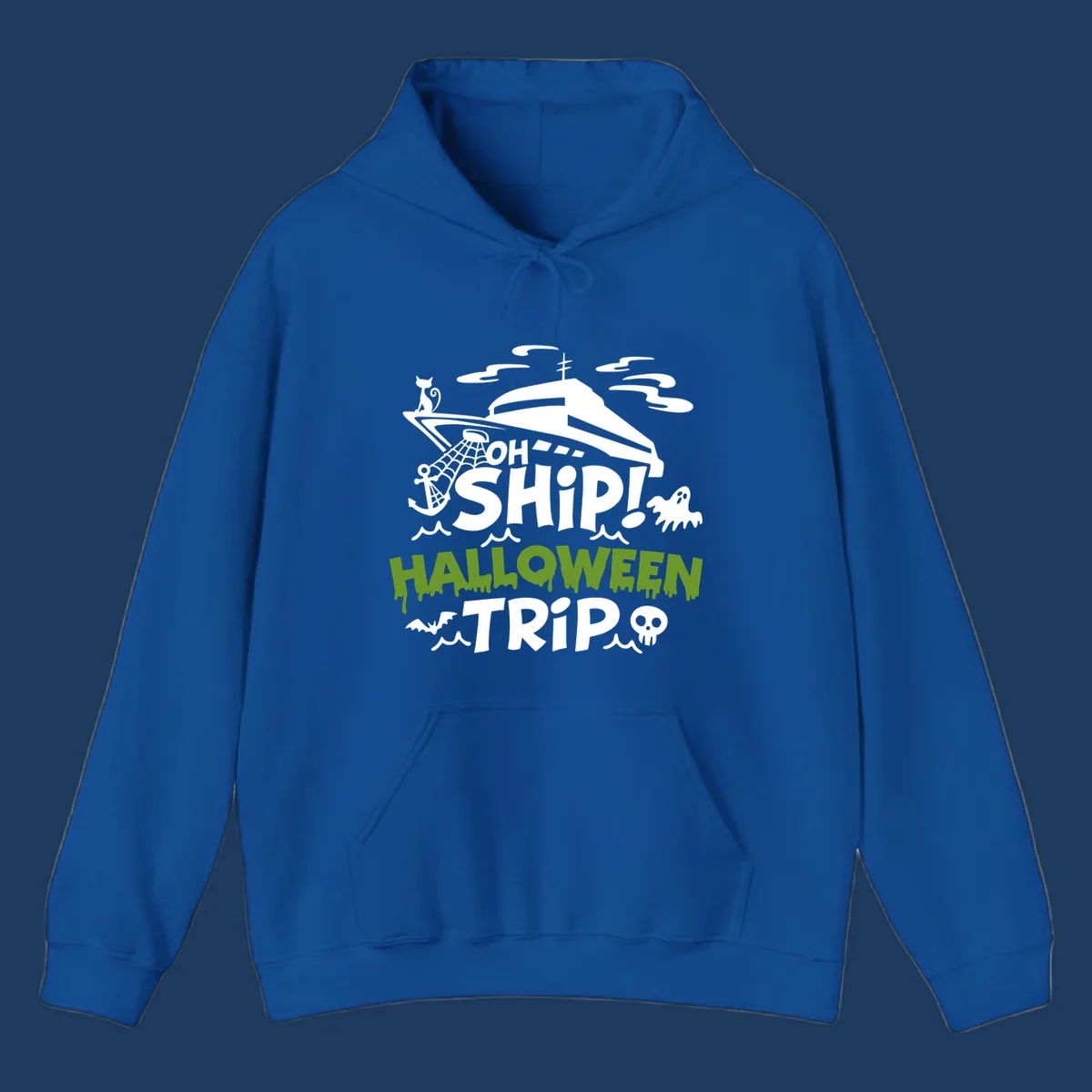 Oh Ship Halloween Trip design featuring a luxury yacht surrounded by Halloween icons including ghost, bat, skull, anchor with web, and ocean waves on gray background