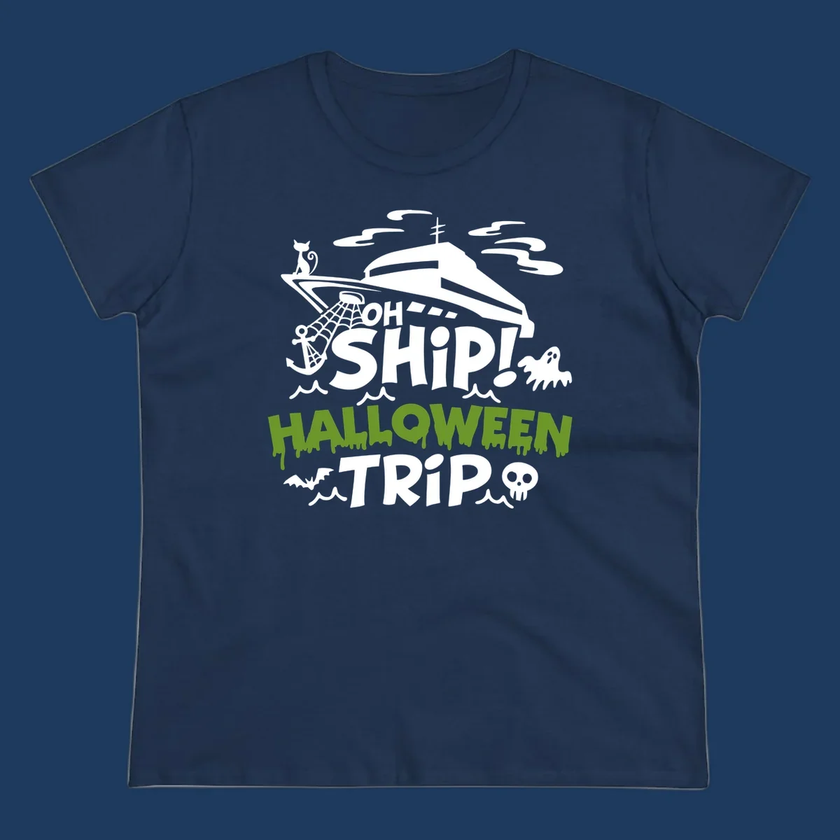 Oh Ship Halloween Trip design featuring a luxury yacht surrounded by Halloween icons including ghost, bat, skull, anchor with web, and ocean waves on gray background