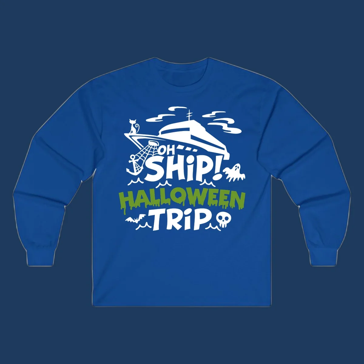 Oh Ship Halloween Trip design featuring a luxury yacht surrounded by Halloween icons including ghost, bat, skull, anchor with web, and ocean waves on gray background