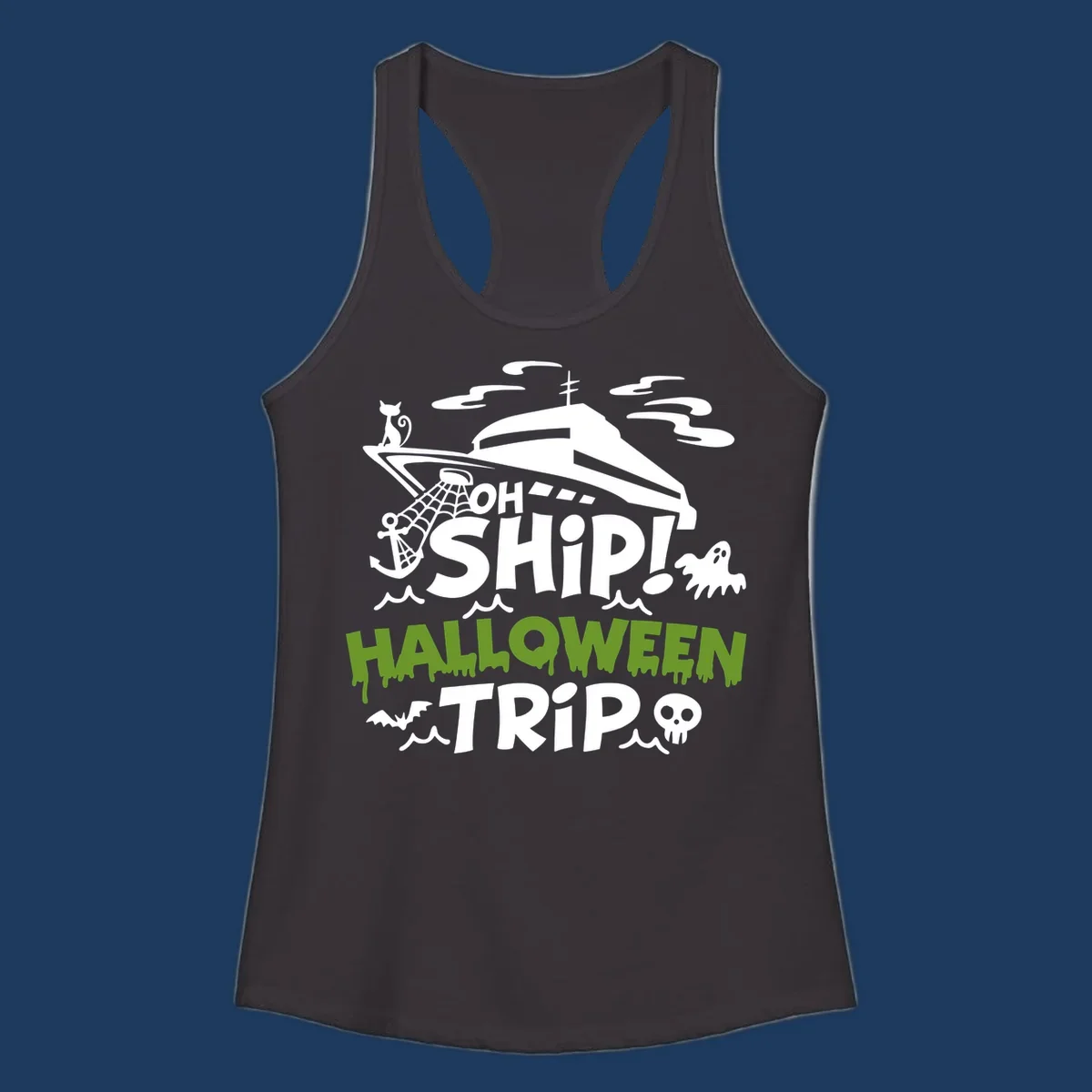 Oh Ship Halloween Trip design featuring a luxury yacht surrounded by Halloween icons including ghost, bat, skull, anchor with web, and ocean waves on gray background