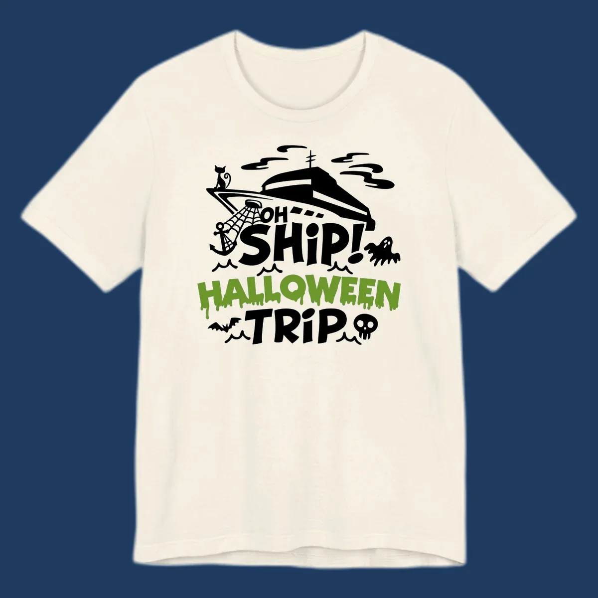 Oh Ship Halloween Trip design featuring a luxury yacht surrounded by Halloween icons including ghost, bat, skull, anchor with web, and ocean waves on gray background