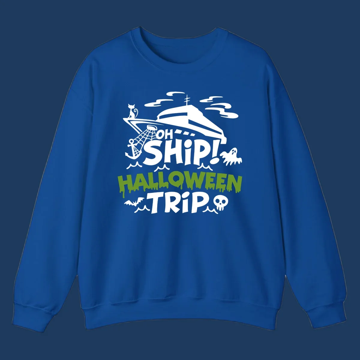 Oh Ship Halloween Trip design featuring a luxury yacht surrounded by Halloween icons including ghost, bat, skull, anchor with web, and ocean waves on gray background
