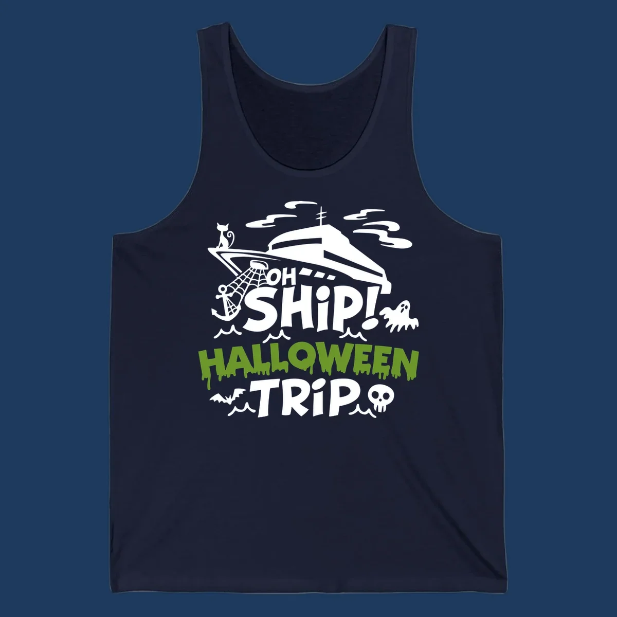 Oh Ship Halloween Trip design featuring a luxury yacht surrounded by Halloween icons including ghost, bat, skull, anchor with web, and ocean waves on gray background