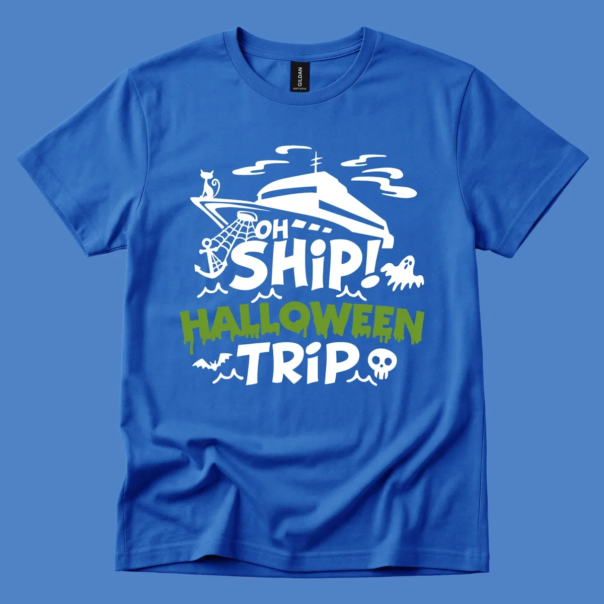 Oh Ship Halloween Trip design featuring a luxury yacht surrounded by Halloween icons including ghost, bat, skull, anchor with web, and ocean waves on gray background