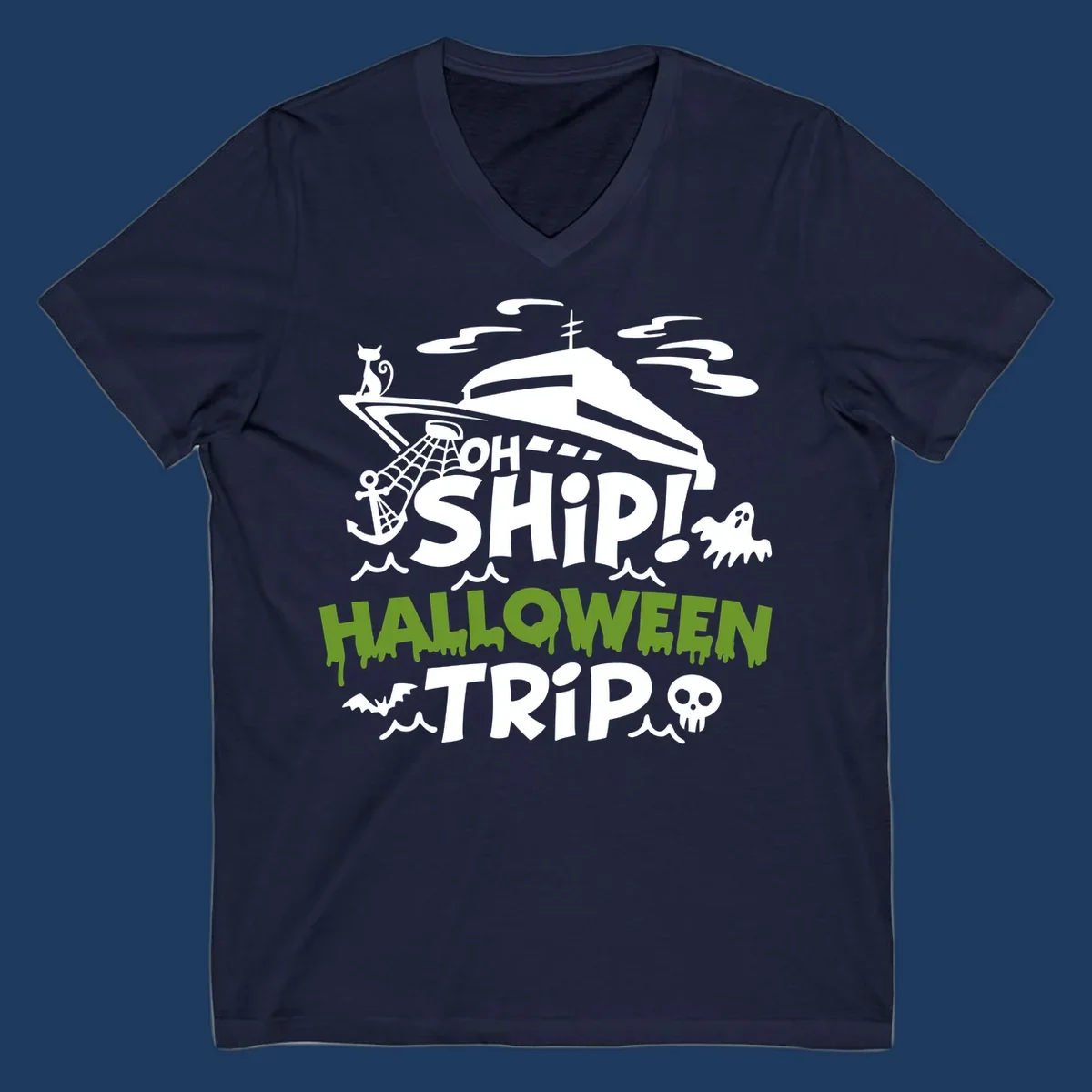 Oh Ship Halloween Trip design featuring a luxury yacht surrounded by Halloween icons including ghost, bat, skull, anchor with web, and ocean waves on gray background