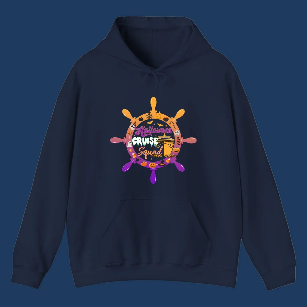 Halloween cruise squad ship wheel design with jack-o-lanterns, ghosts, witches hats, and cruise ship illustration in orange and purple